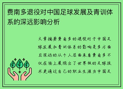 费南多退役对中国足球发展及青训体系的深远影响分析 费南多退役对中国足球发展及青训体系的深远影响分析