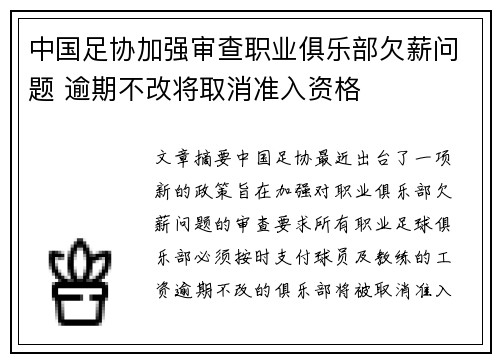 中国足协加强审查职业俱乐部欠薪问题 逾期不改将取消准入资格