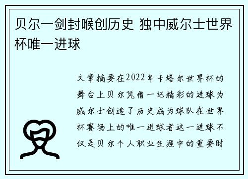 贝尔一剑封喉创历史 独中威尔士世界杯唯一进球